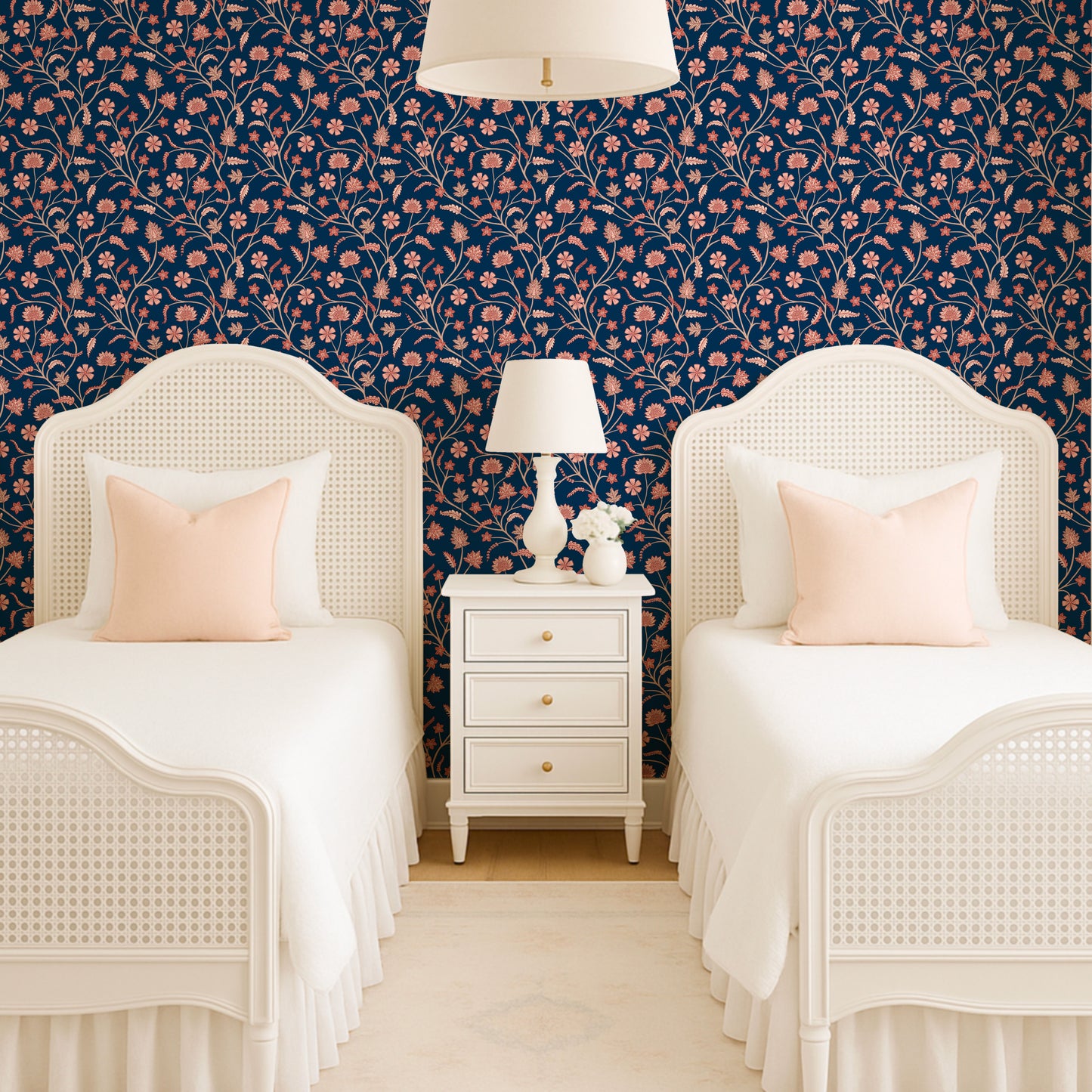 Classic Indian Trailing Floral Chintz Blue peel and stick wallpaper room mockup