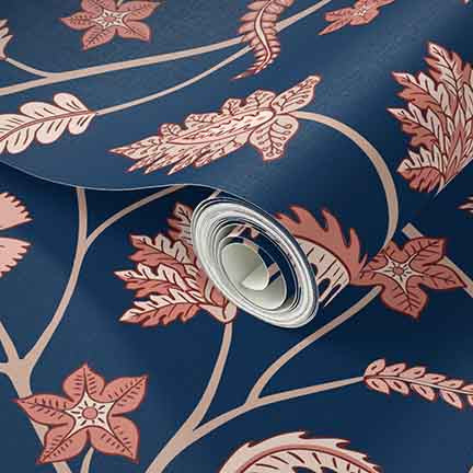 Classic Indian Trailing Floral Chintz Blue peel and stick wallpaper pattern swatch