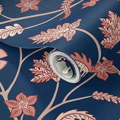 Classic Indian Trailing Floral Chintz Blue peel and stick wallpaper pattern swatch