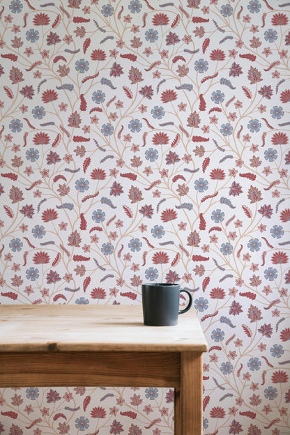 Classic Indian Trailing Floral Chintz Blue peel and stick wallpaper room mockup