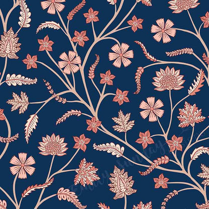 Classic Indian Trailing Floral Chintz Blue peel and stick wallpaper pattern swatch