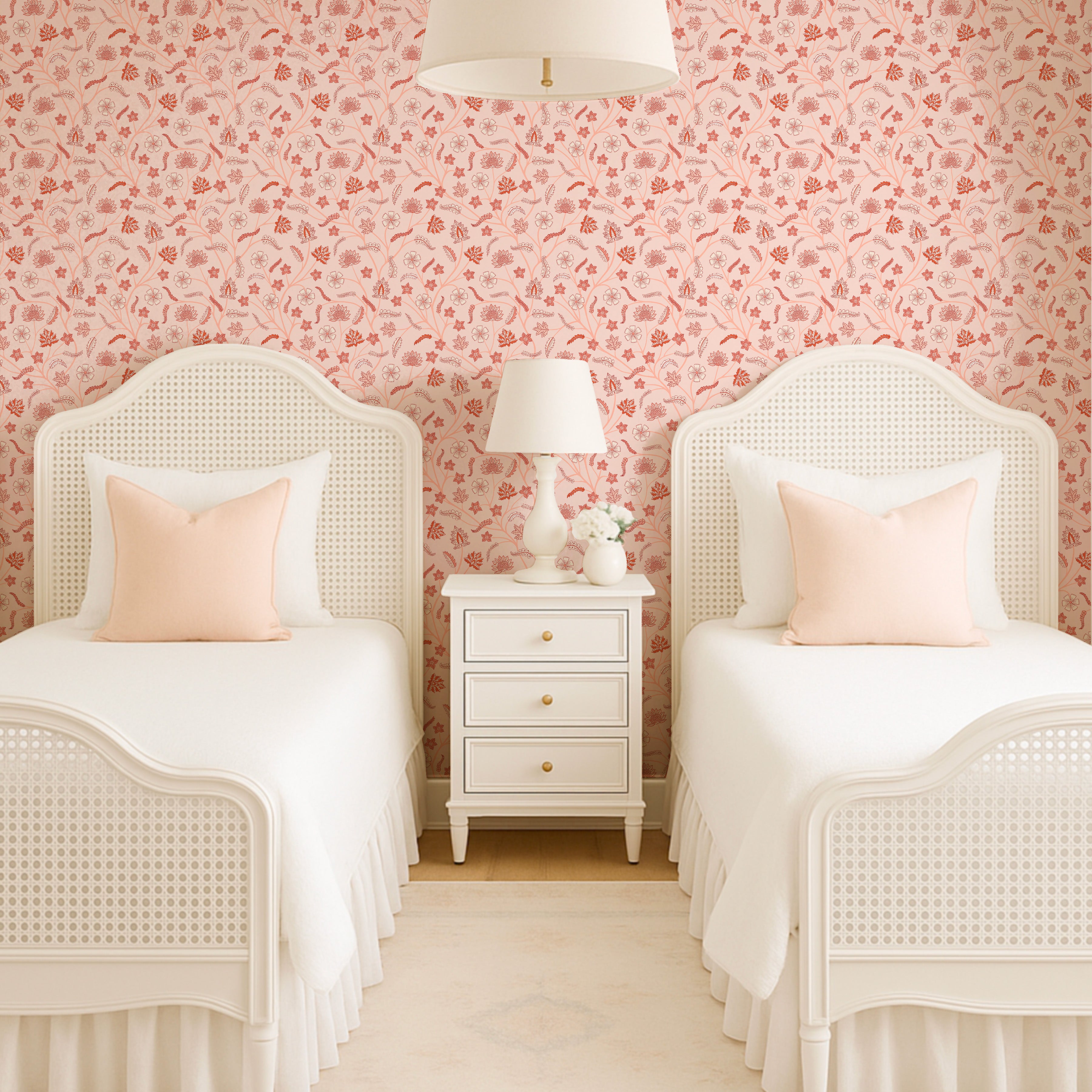 Classic Indian Trailing Floral Chintz Blush peel and stick wallpaper room mockup