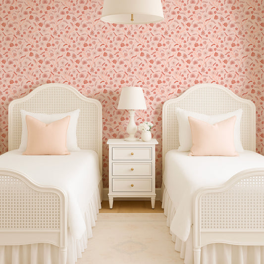 Classic Indian Trailing Floral Chintz Blush peel and stick wallpaper room mockup