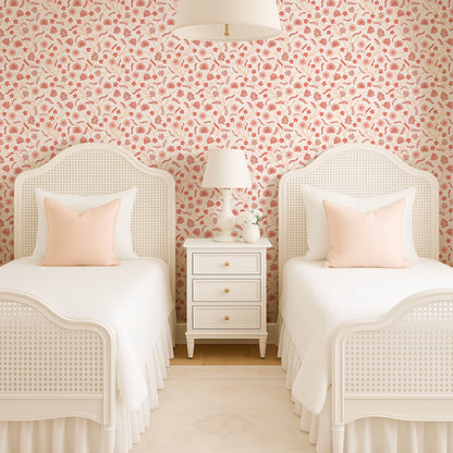 Classic Indian Trailing Floral Chintz Warm Red On Ivory peel and stick wallpaper room mockup