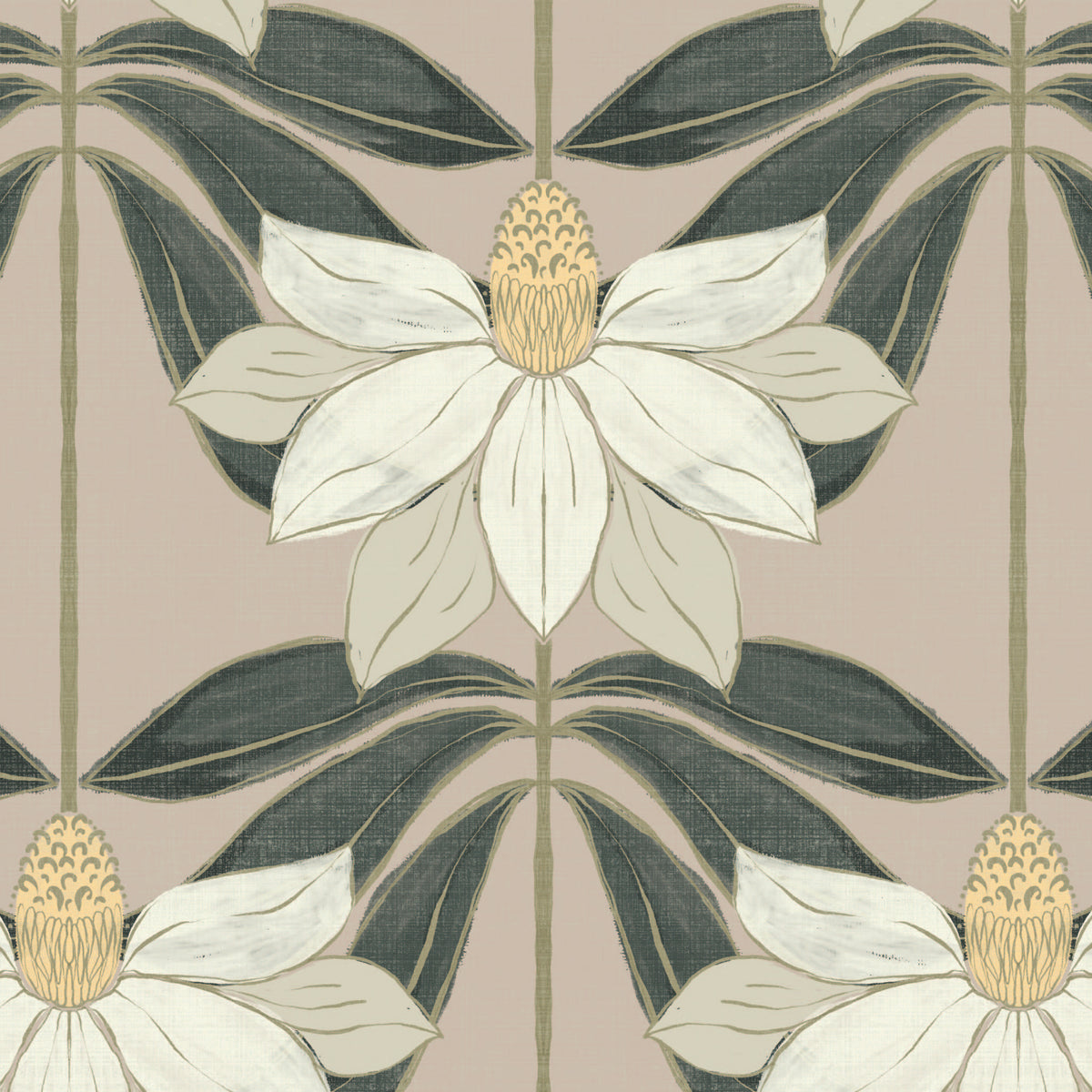 A repeating botanical pattern featuring large white magnolia flowers with pale yellow centers and dark green leaves on a warm beige background.