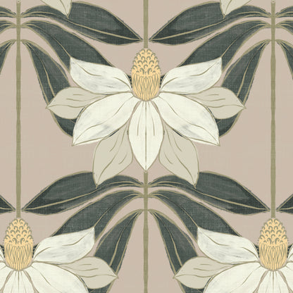 A repeating botanical pattern featuring large white magnolia flowers with pale yellow centers and dark green leaves on a warm beige background.