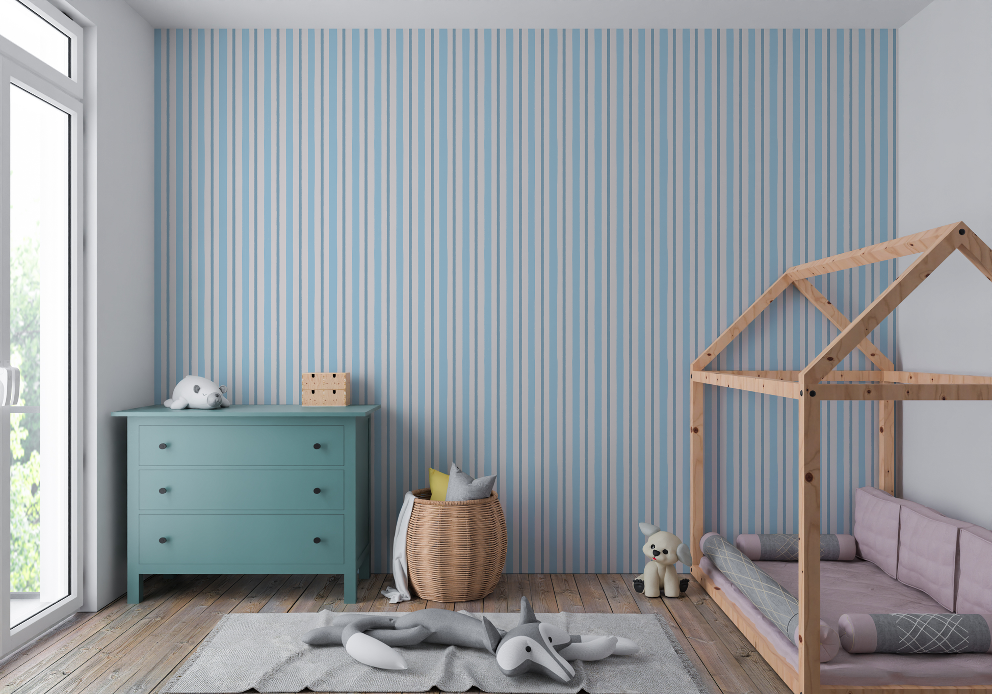 Classic Stripes Blue peel and stick wallpaper room mockup