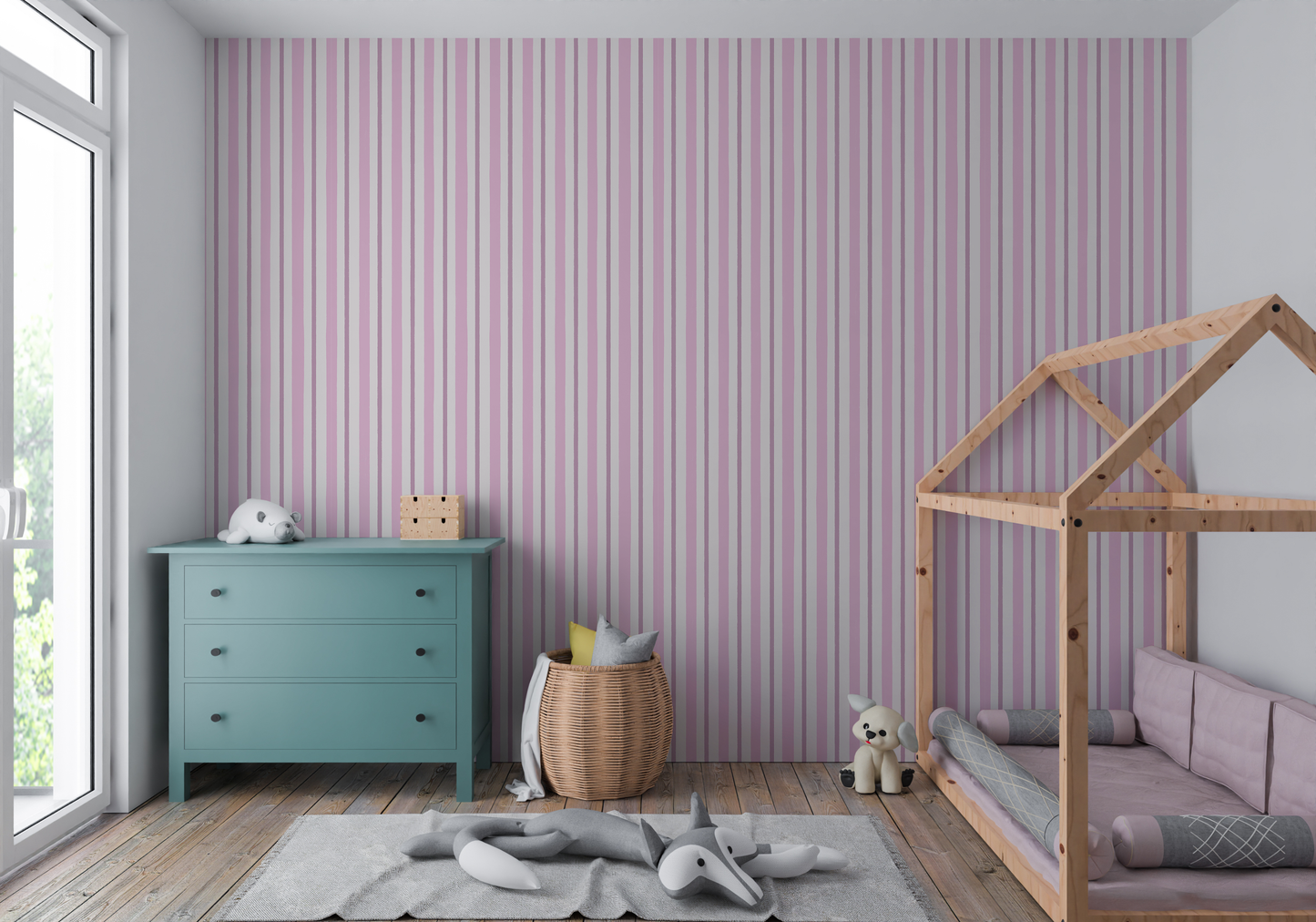 Classic Stripes Pink peel and stick wallpaper room mockup