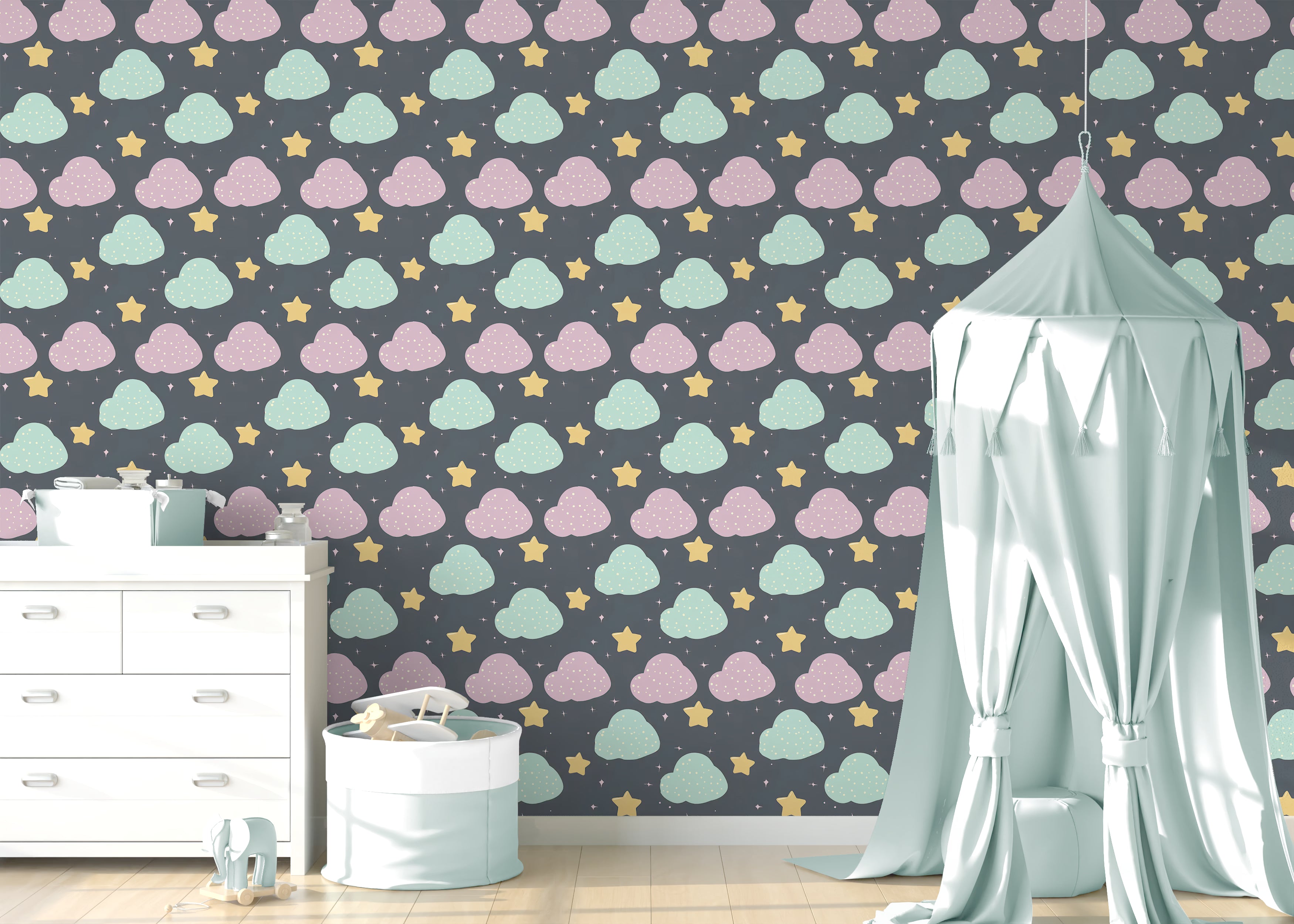 Cloudy Night peel and stick wallpaper room mockup