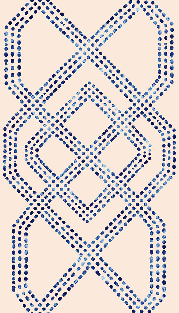 A repeating geometric pattern of interlocking blue dotted lines forming hexagonal and diamond shapes on a light beige background.