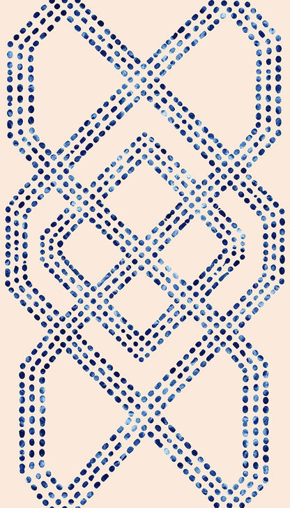 A repeating geometric pattern of interlocking blue dotted lines forming hexagonal and diamond shapes on a light beige background.