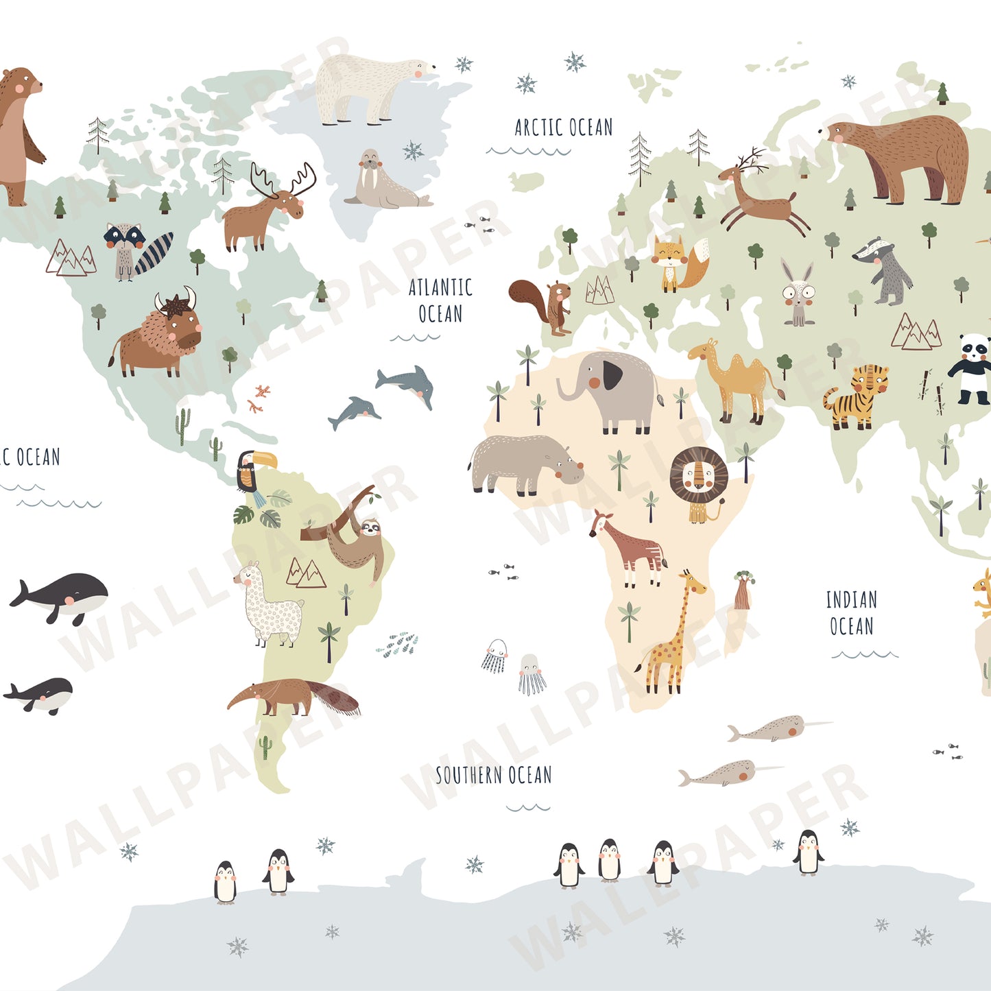 World Map with Animals Peel and Stick Wall Mural - Animals, Nursery, Illustration