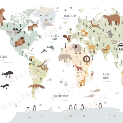 World Map with Animals Peel and Stick Wall Mural - Animals, Nursery, Illustration