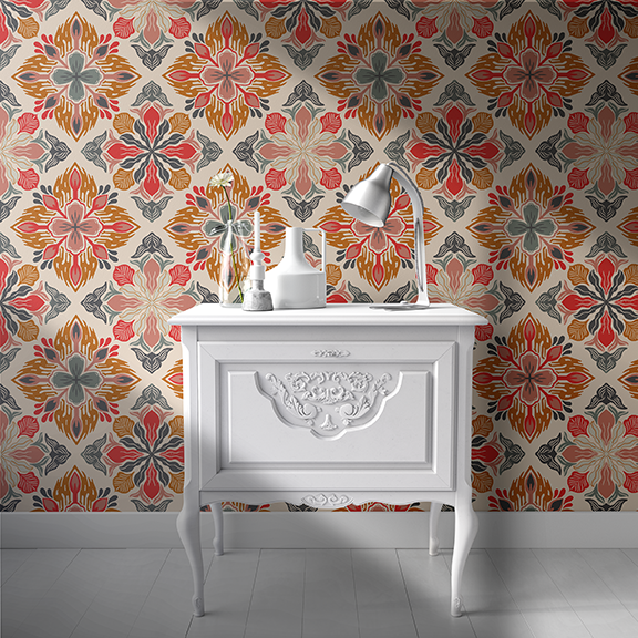 Coral Ember Medallion peel and stick wallpaper room mockup