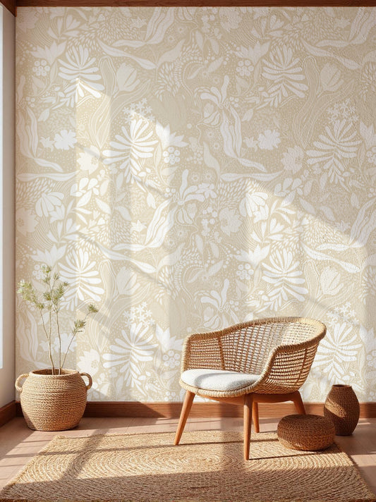 Wicker chair and ottoman against a wall with floral wallpaper