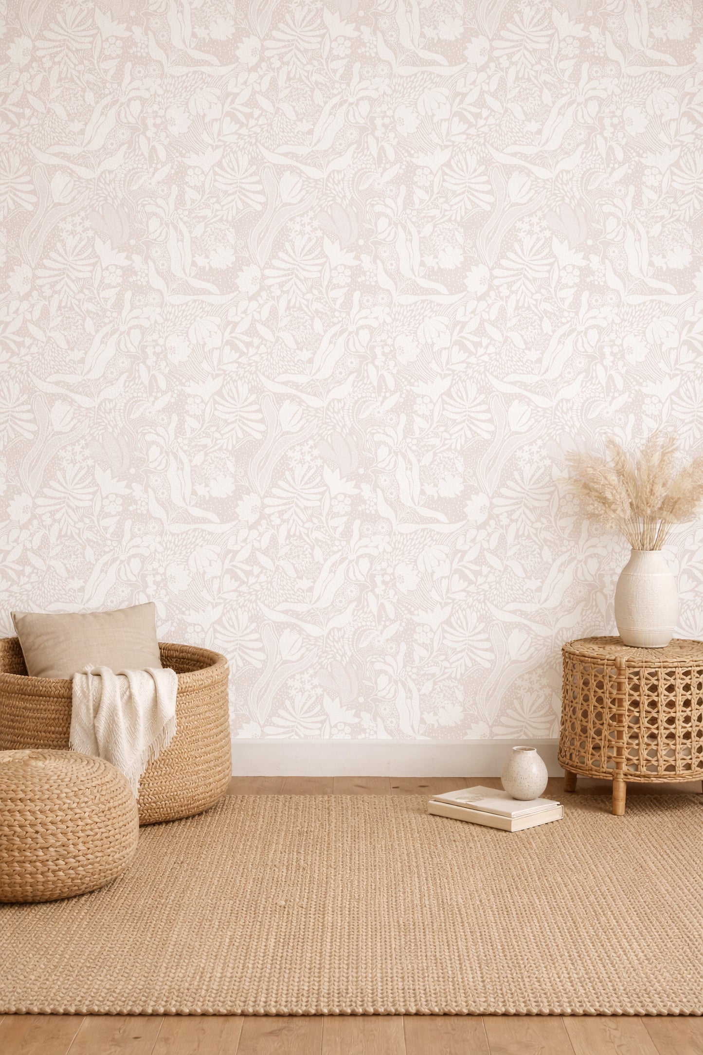 Nestled corner of a room with textured white wall, woven basket, ottoman, and small table.