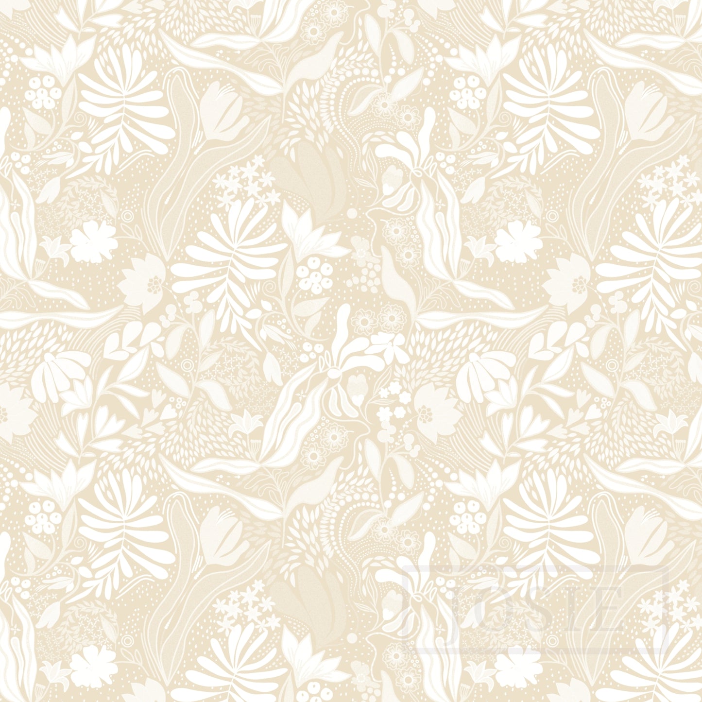 White floral and leaf pattern on a beige background