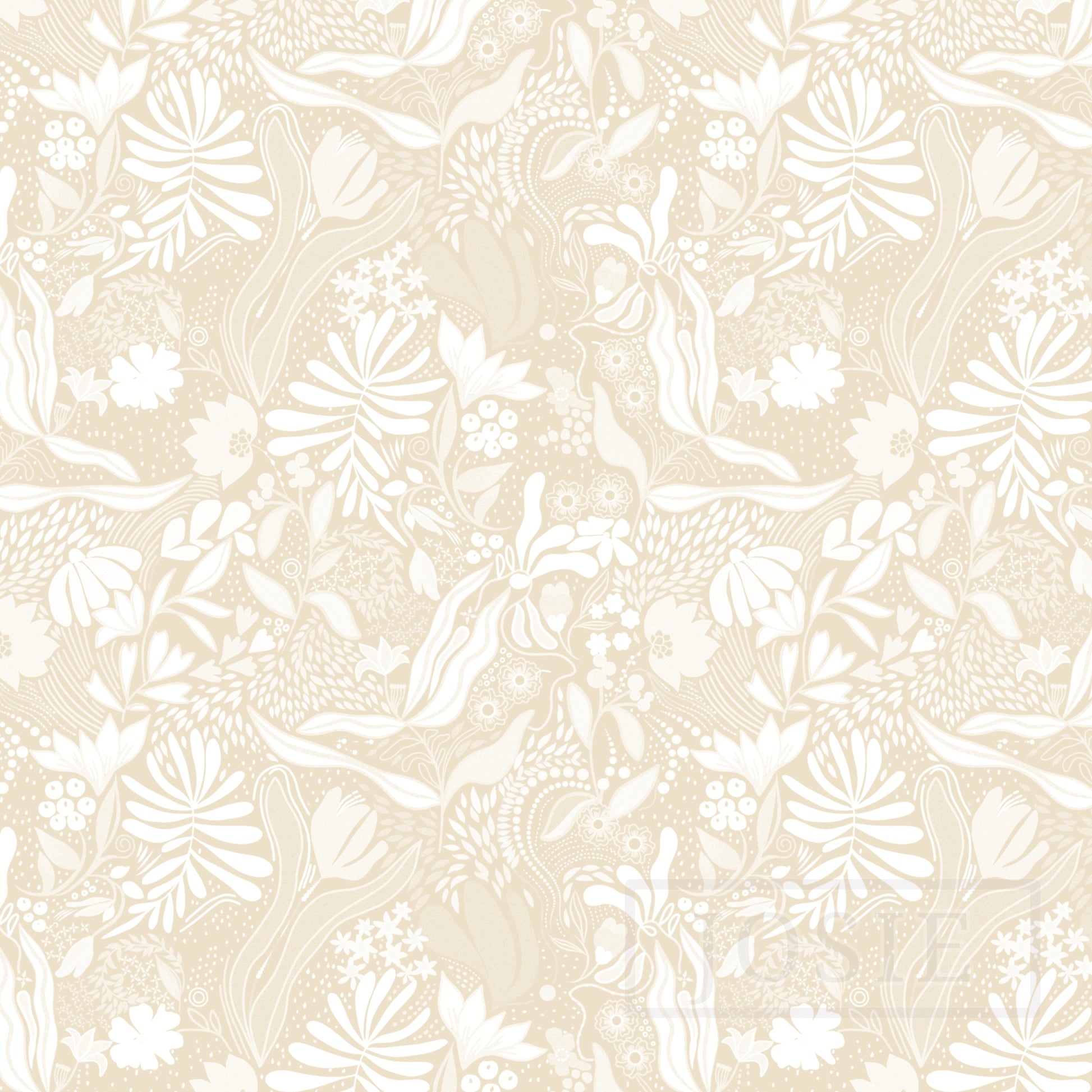White floral and leaf pattern on a beige background