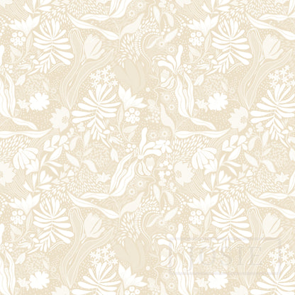 White floral and leaf pattern on a beige background