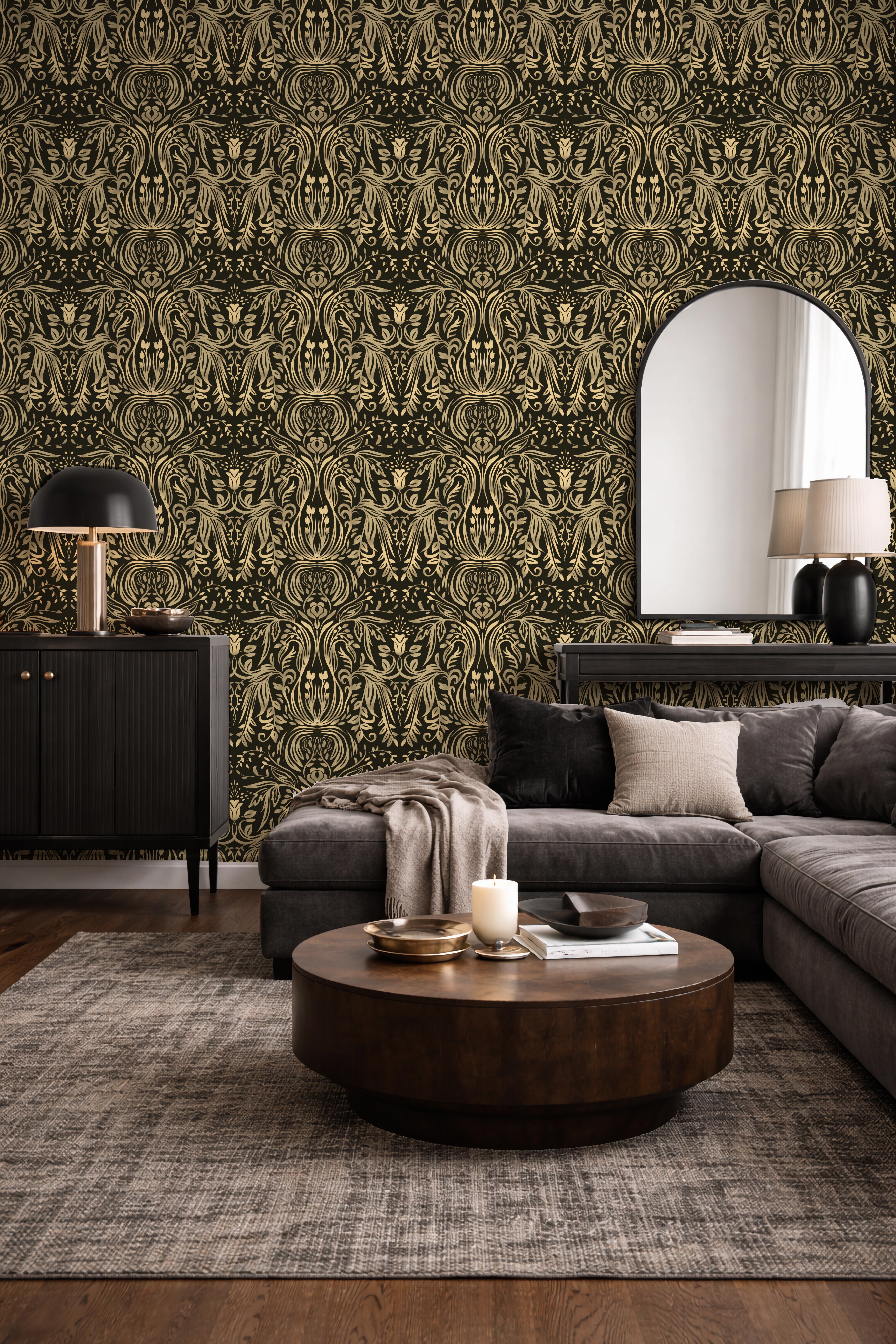 Damask Luxe Black peel and stick wallpaper room mockup