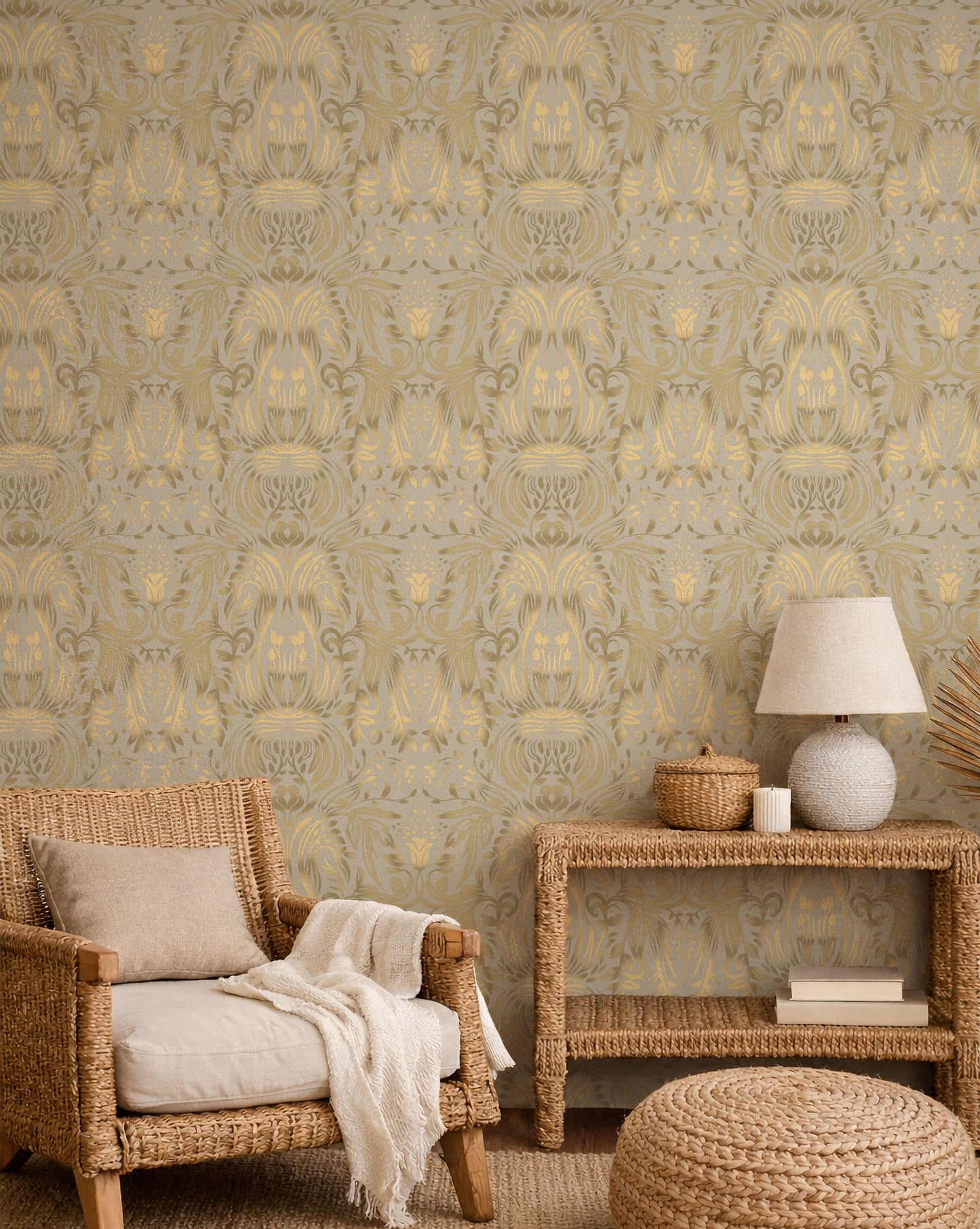 Damask Luxe Gray peel and stick wallpaper room mockup