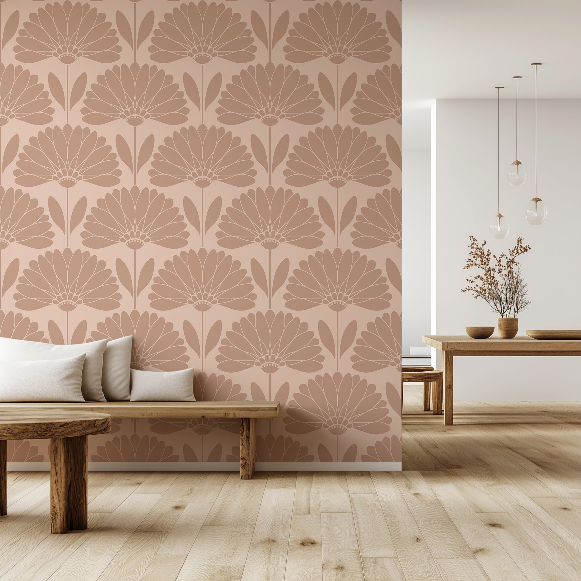 Living room with floral wallpaper, wooden furniture, and a dining area.