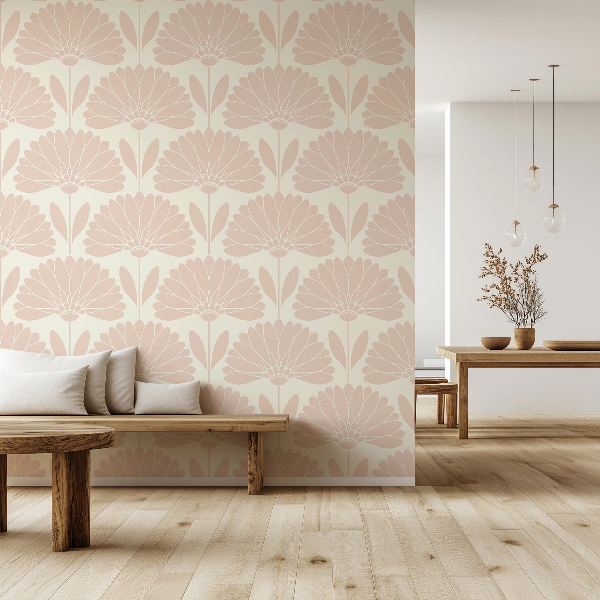 Living room with floral wallpaper, wooden furniture, and a neutral color palette.