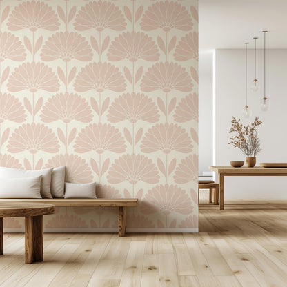 Living room with floral wallpaper, wooden furniture, and a neutral color palette.