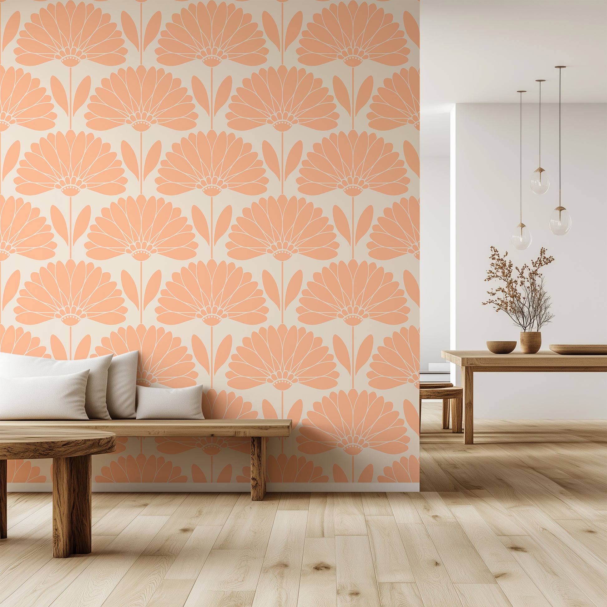 Living room with pink floral wallpaper and wooden furniture