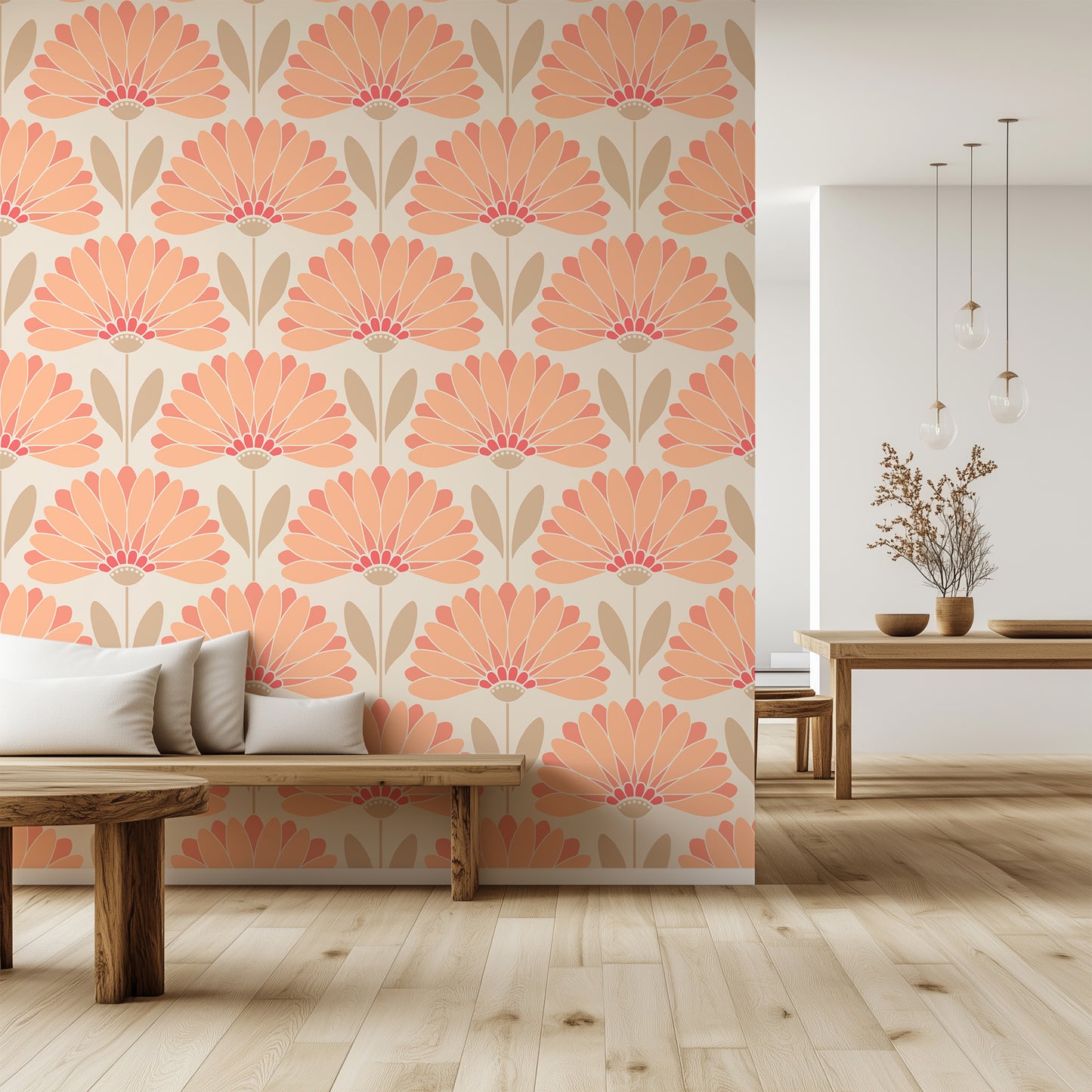 Living room with floral wallpaper and wooden furniture