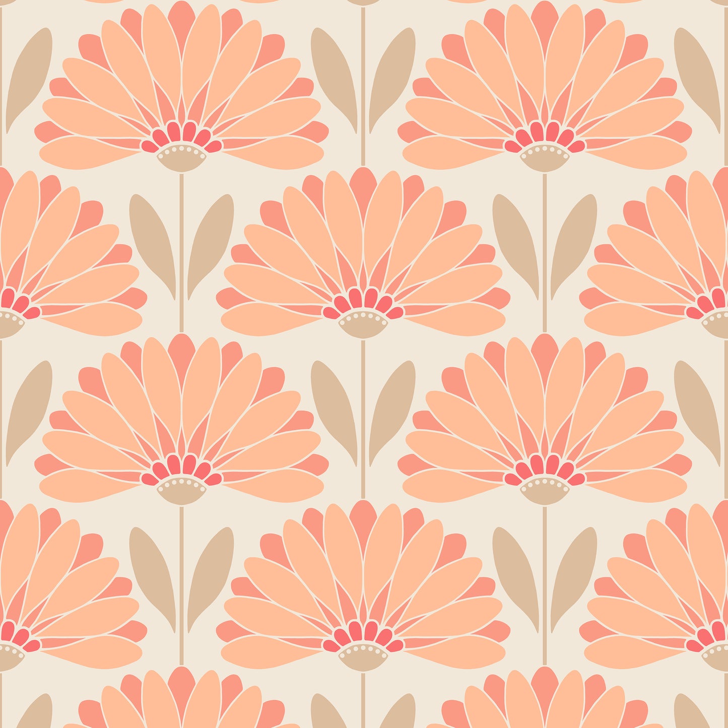 Pattern of pink flowers with beige stems and leaves on a light background