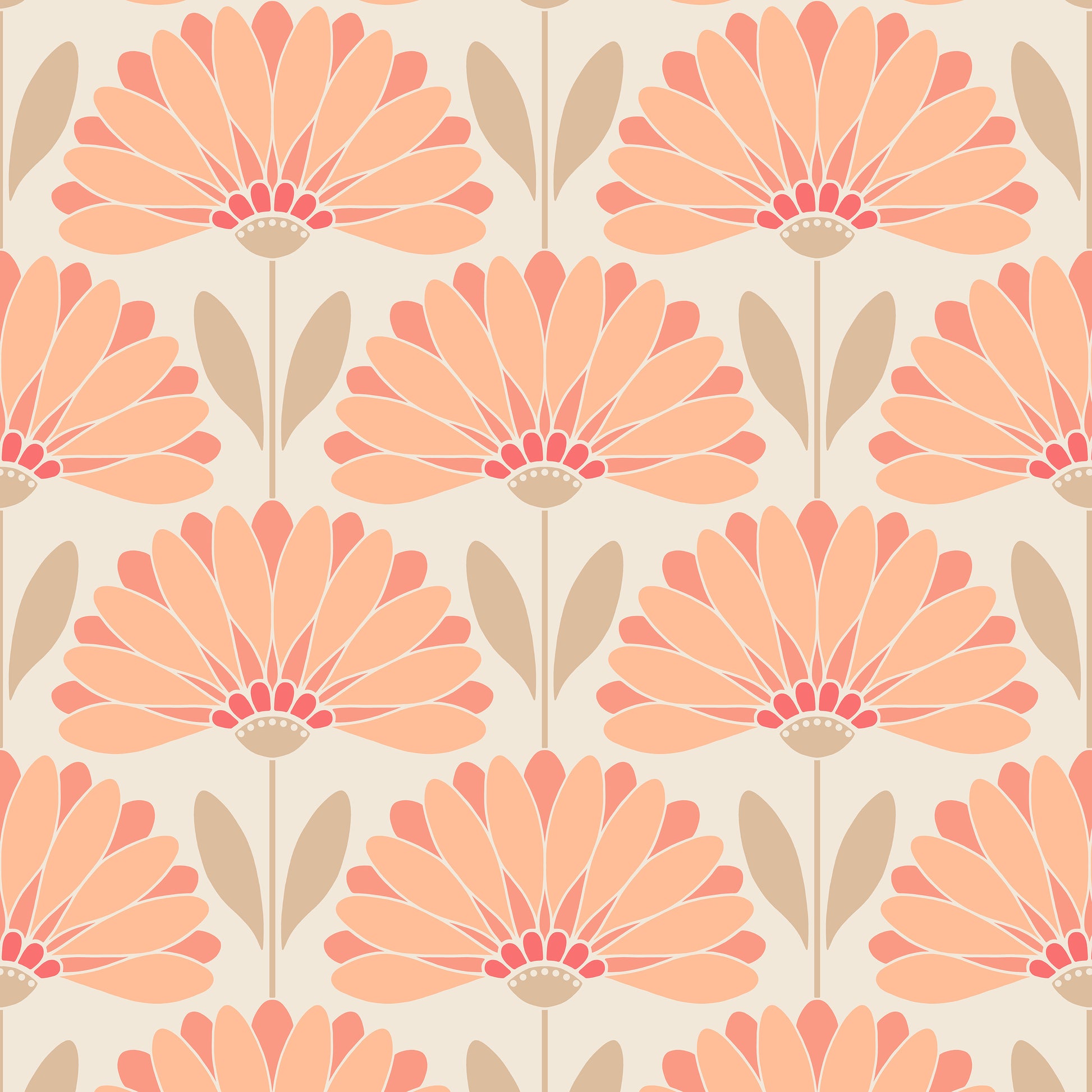 Pattern of pink flowers with beige stems and leaves on a light background