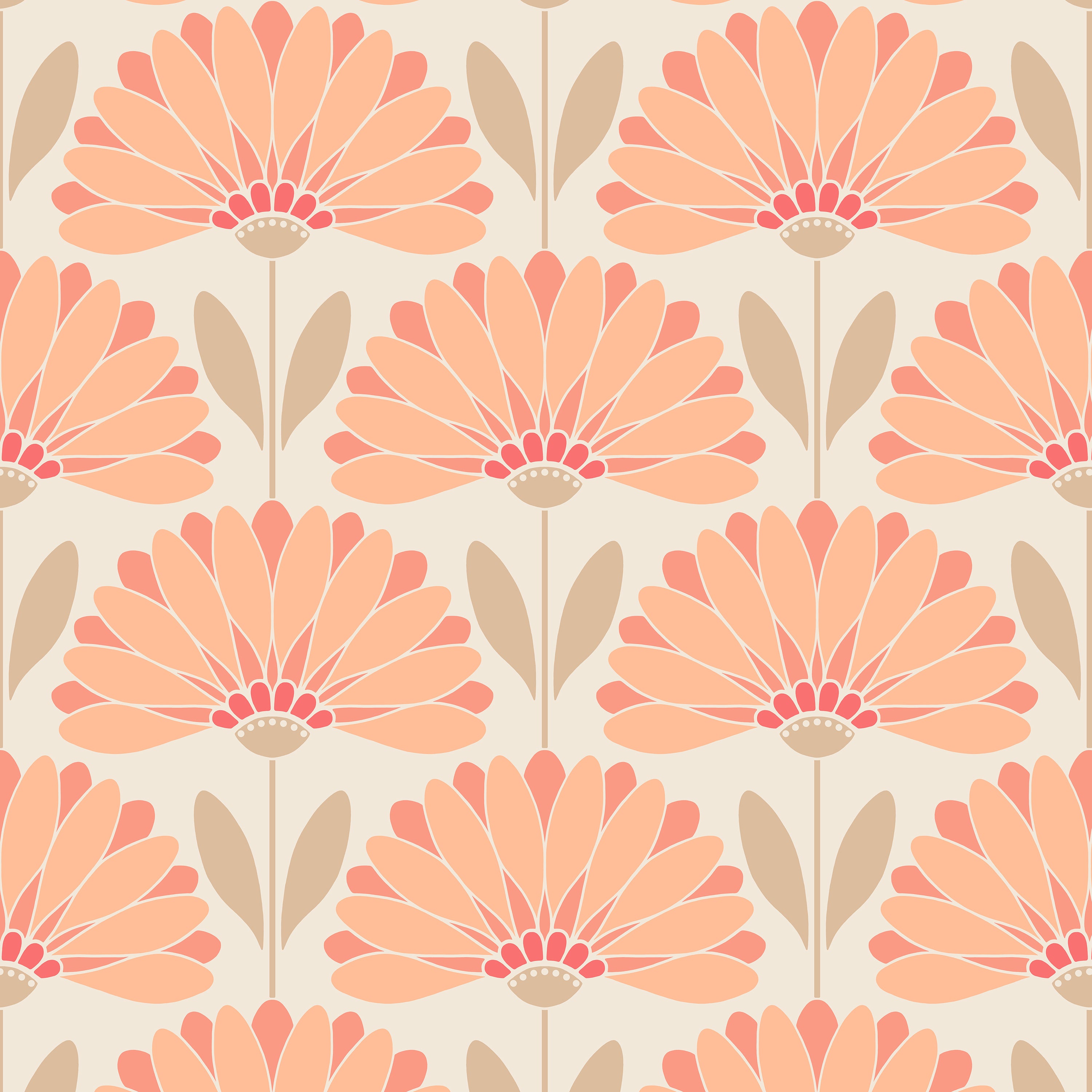 Pattern of pink flowers with beige stems and leaves on a light background
