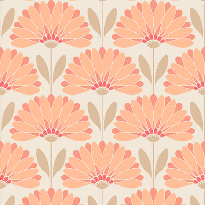 Pattern of pink flowers with beige stems and leaves on a light background