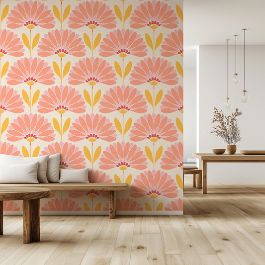 Living room with floral wallpaper, wooden bench, and dining table.