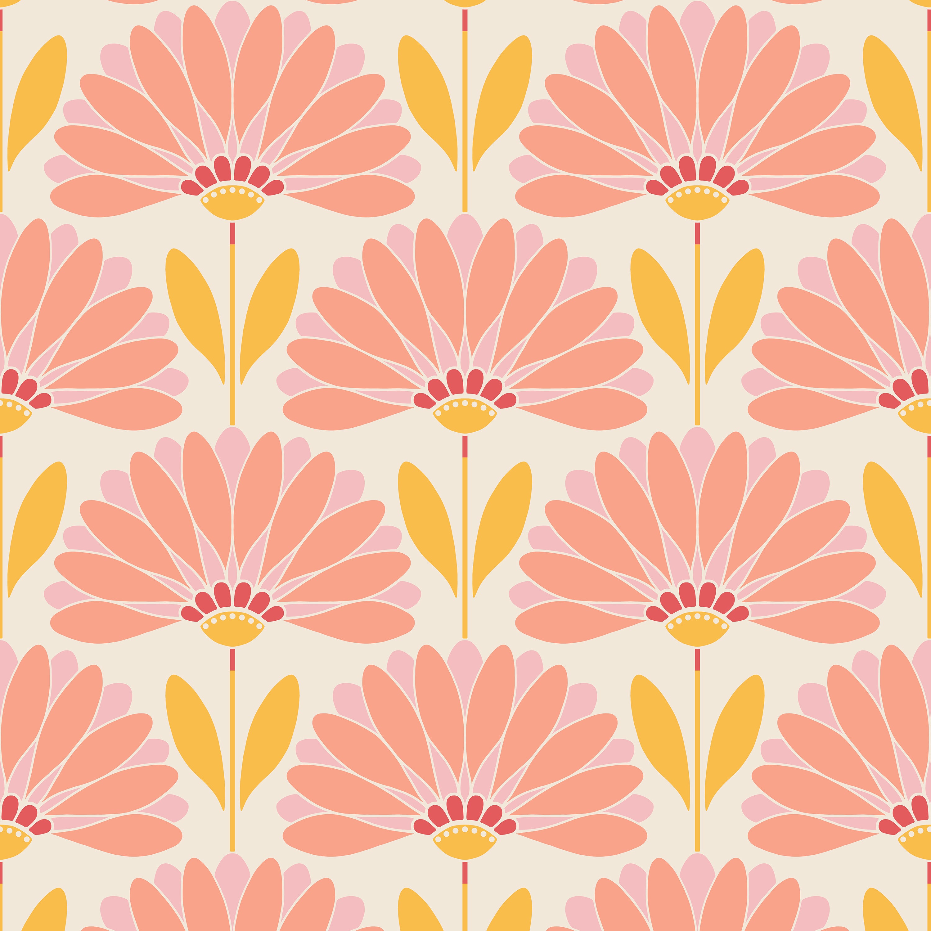 Pattern of pink and yellow flowers on a beige background