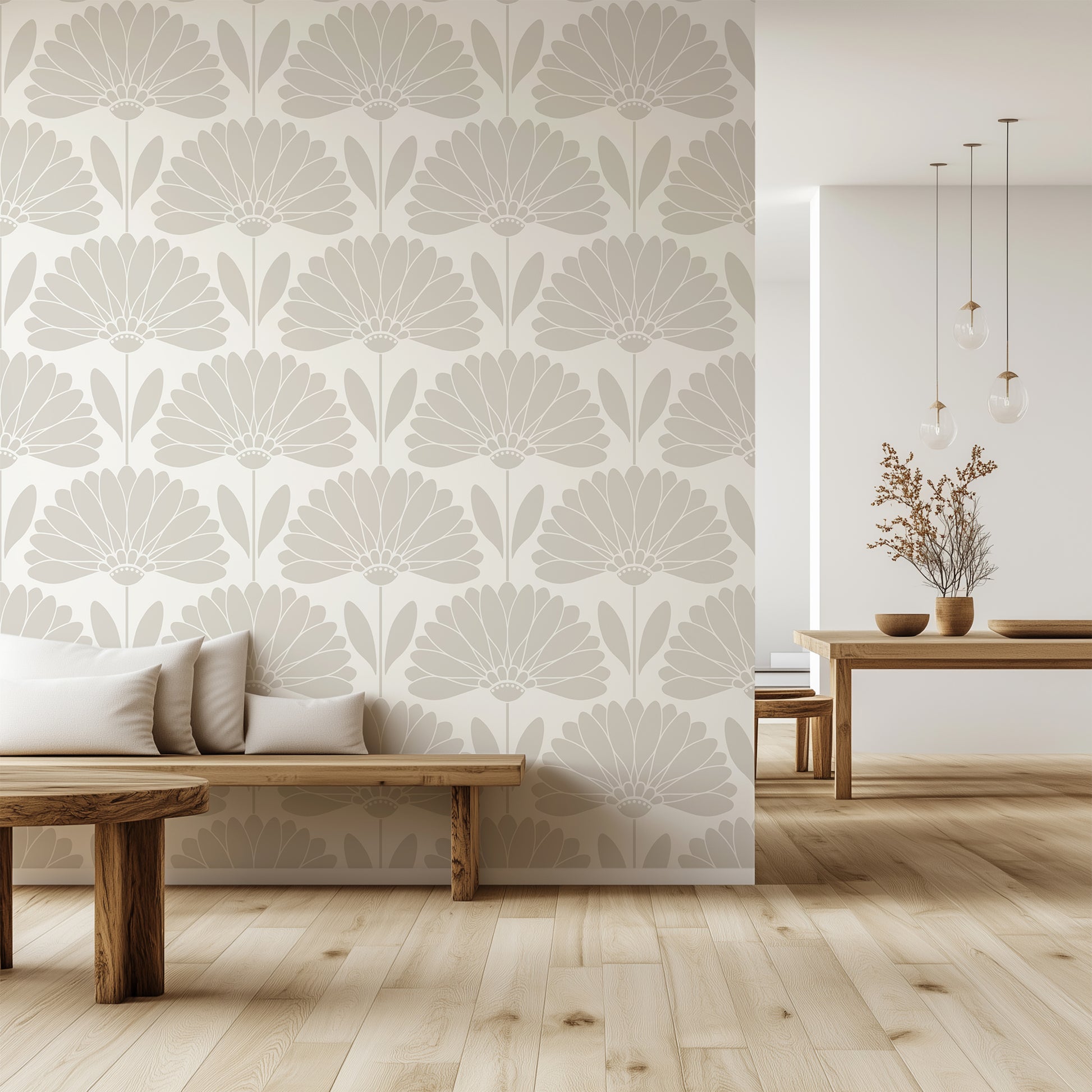 Modern living room with floral wallpaper, wooden furniture, and a neutral color palette.
