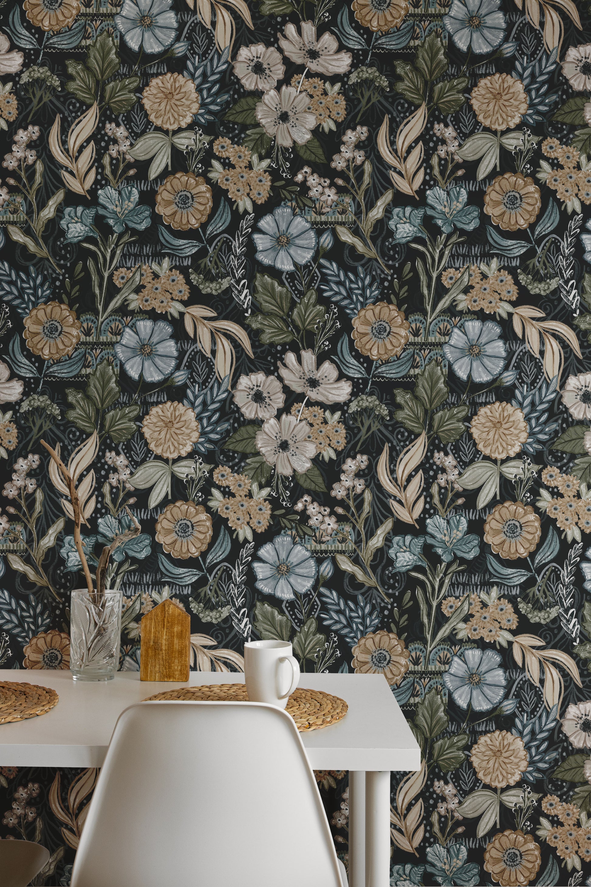 Floral wallpaper with a table and chairs in the foreground