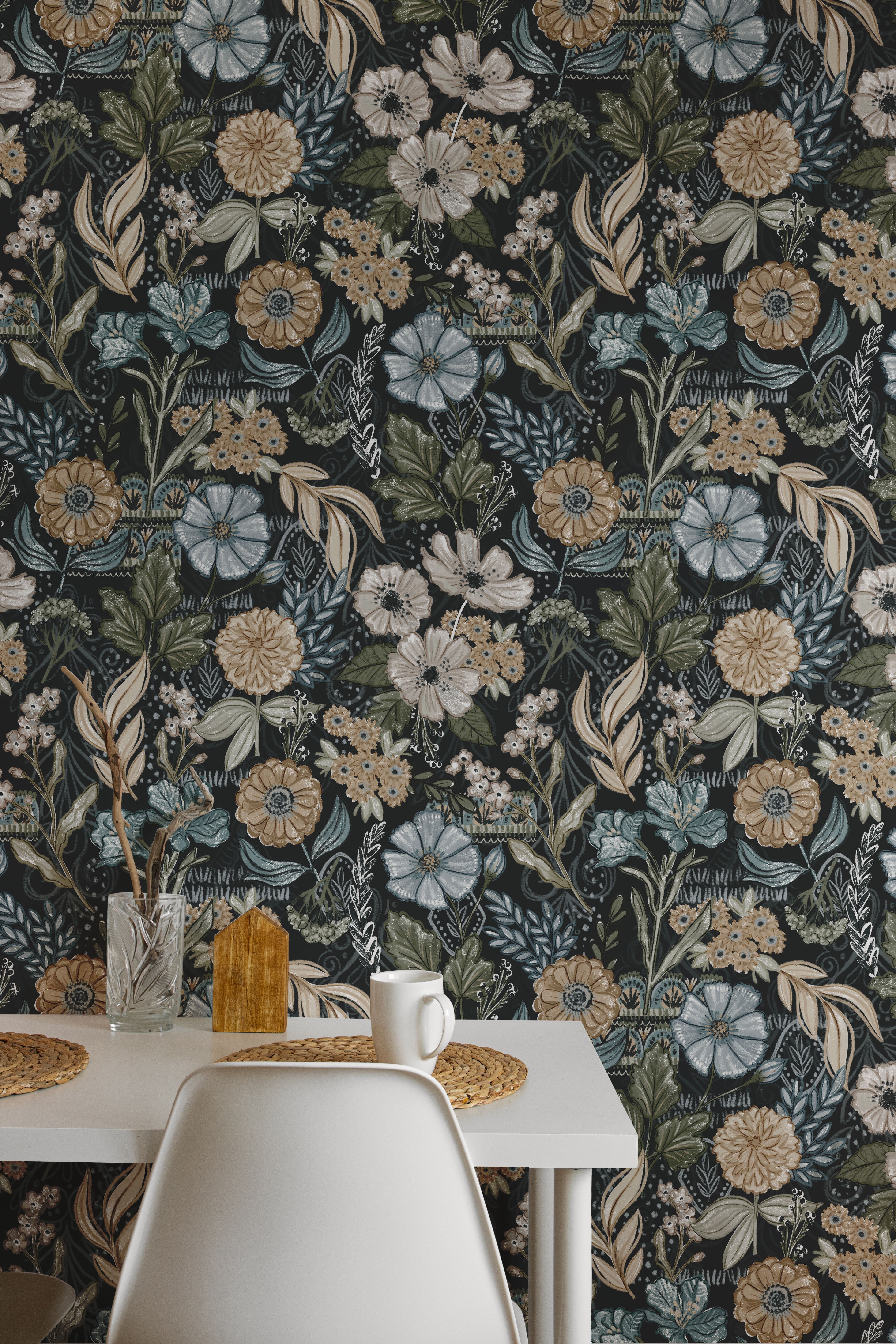 Floral wallpaper with a table and chairs in the foreground