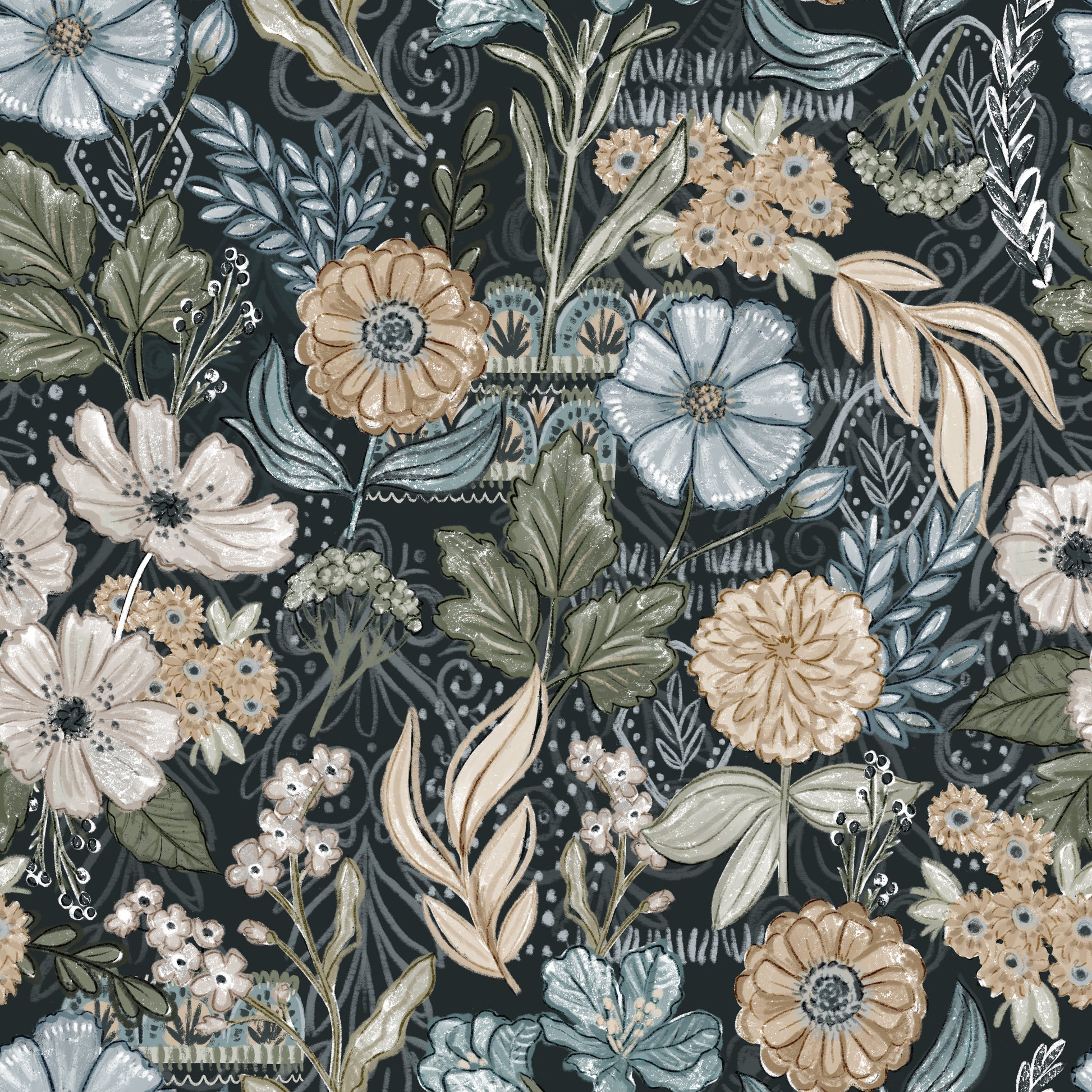 Floral pattern with various flowers and leaves on a dark background