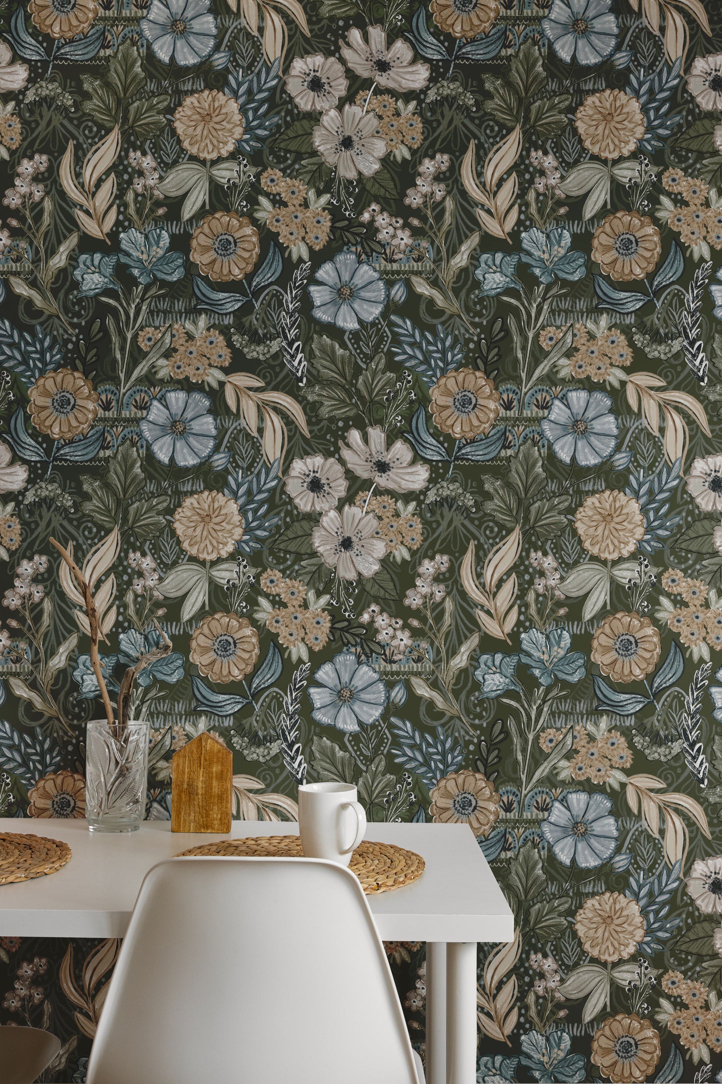 Floral wallpaper with a table and chairs in the foreground