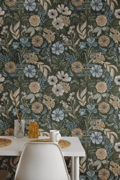 Floral wallpaper with a table and chairs in the foreground