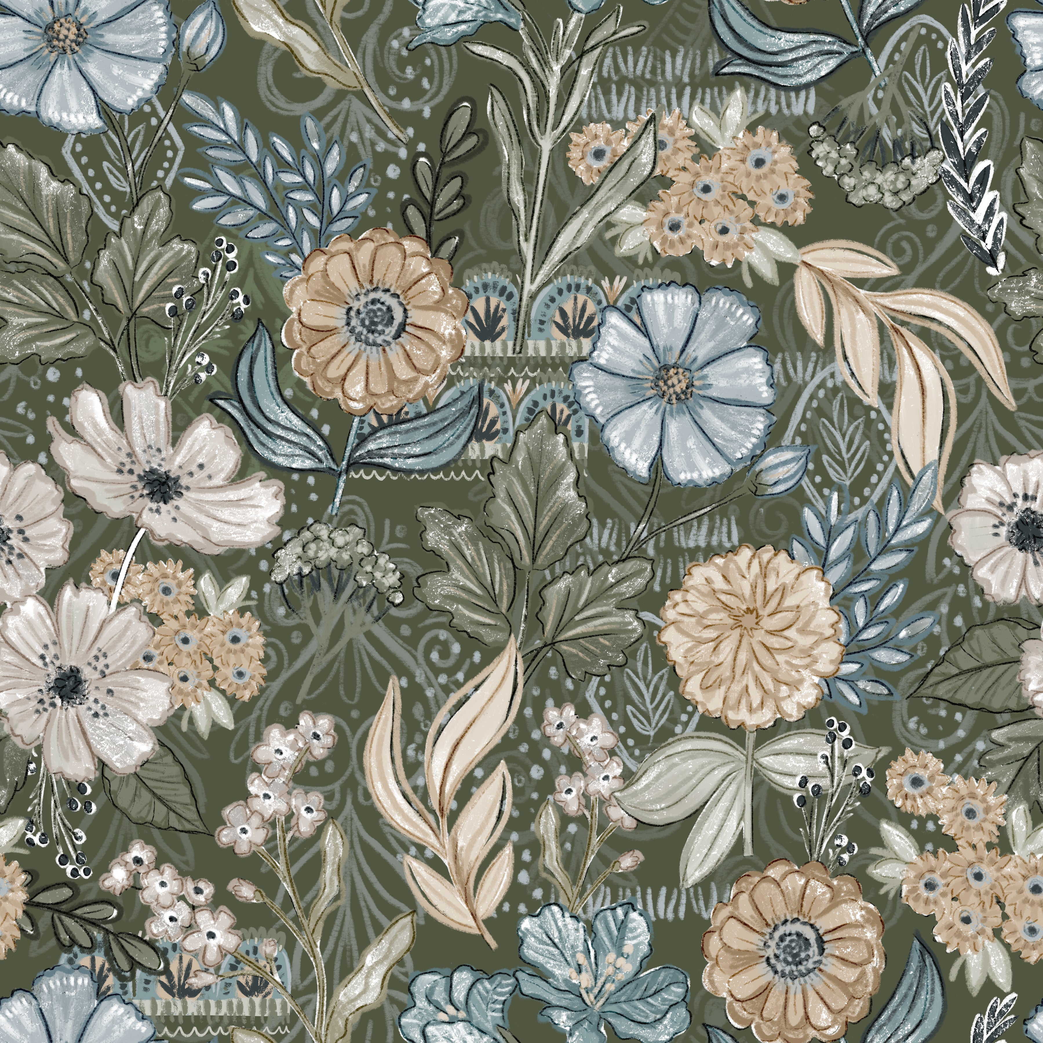 Floral pattern with various flowers and leaves on a green background