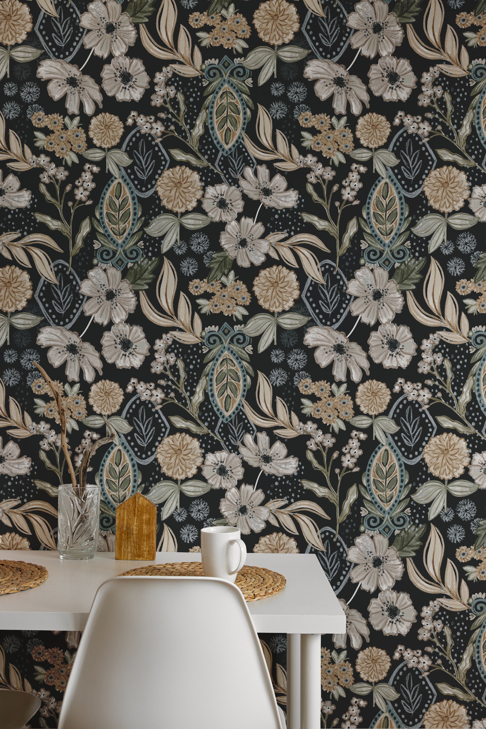 Floral wallpaper with a dark background in a room with a table.