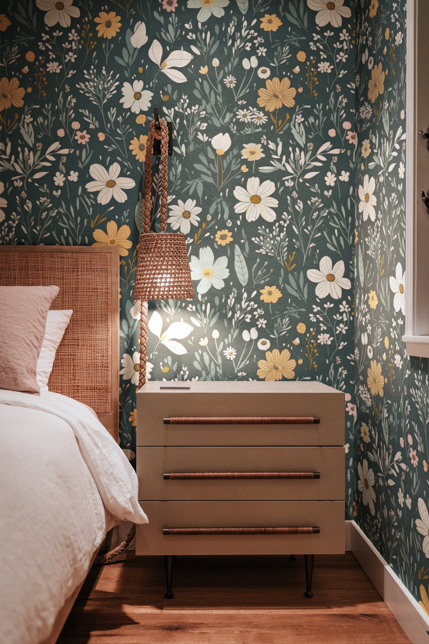Dark Vintage Wild Flowers peel and stick wallpaper room mockup