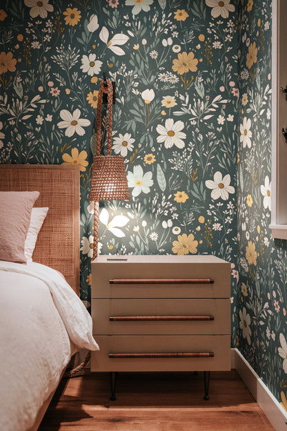 Dark Vintage Wild Flowers peel and stick wallpaper room mockup