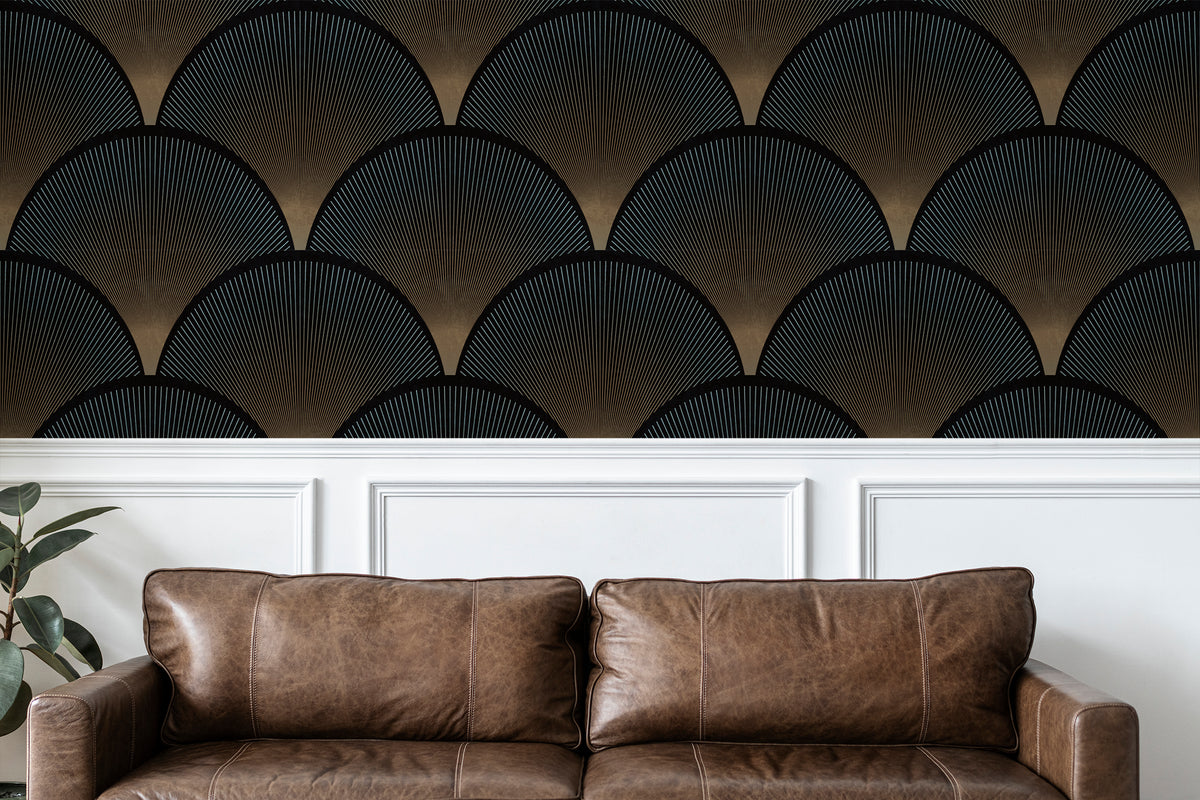 Deco After Dark black Art Deco peel and stick wallpaper with bronze fan pattern above white wall molding