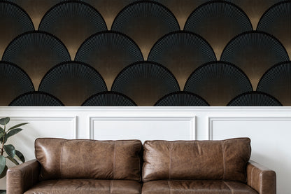Deco After Dark black Art Deco peel and stick wallpaper with bronze fan pattern above white wall molding