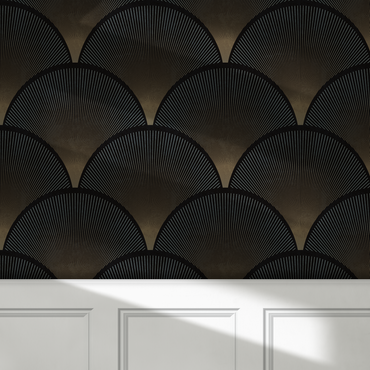 Deco After Dark black Art Deco peel and stick wallpaper with bronze fan pattern above white wall molding