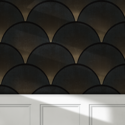 Deco After Dark black Art Deco peel and stick wallpaper with bronze fan pattern above white wall molding